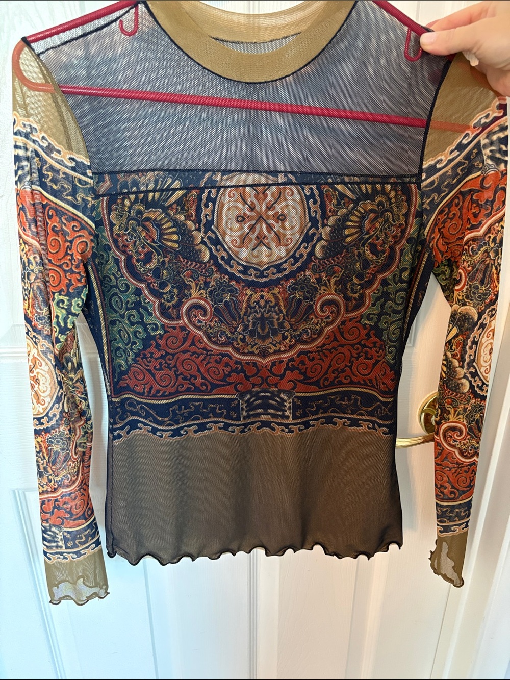 Sheer Paisley Medallion Long Sleeve Top - Olive Multi - Picture 1 of 5